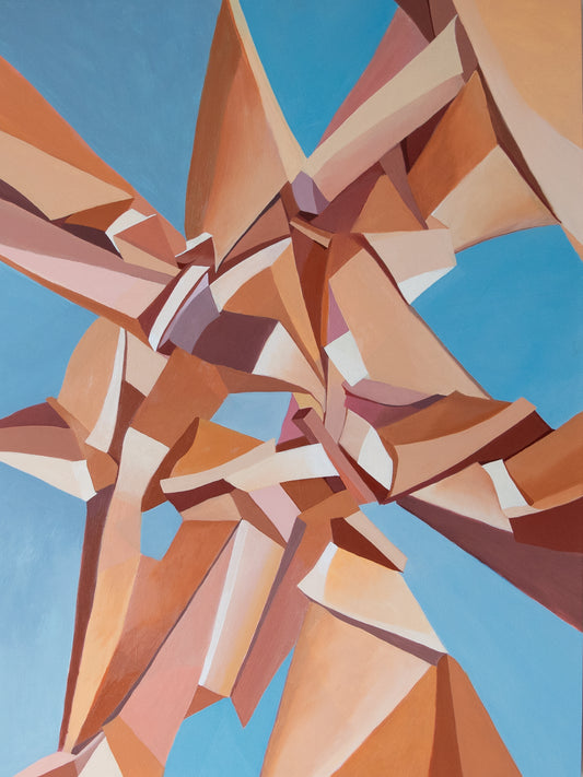 Original abstract painting by Gregory Stulting with geometric shapes in brown and beige on a blue background