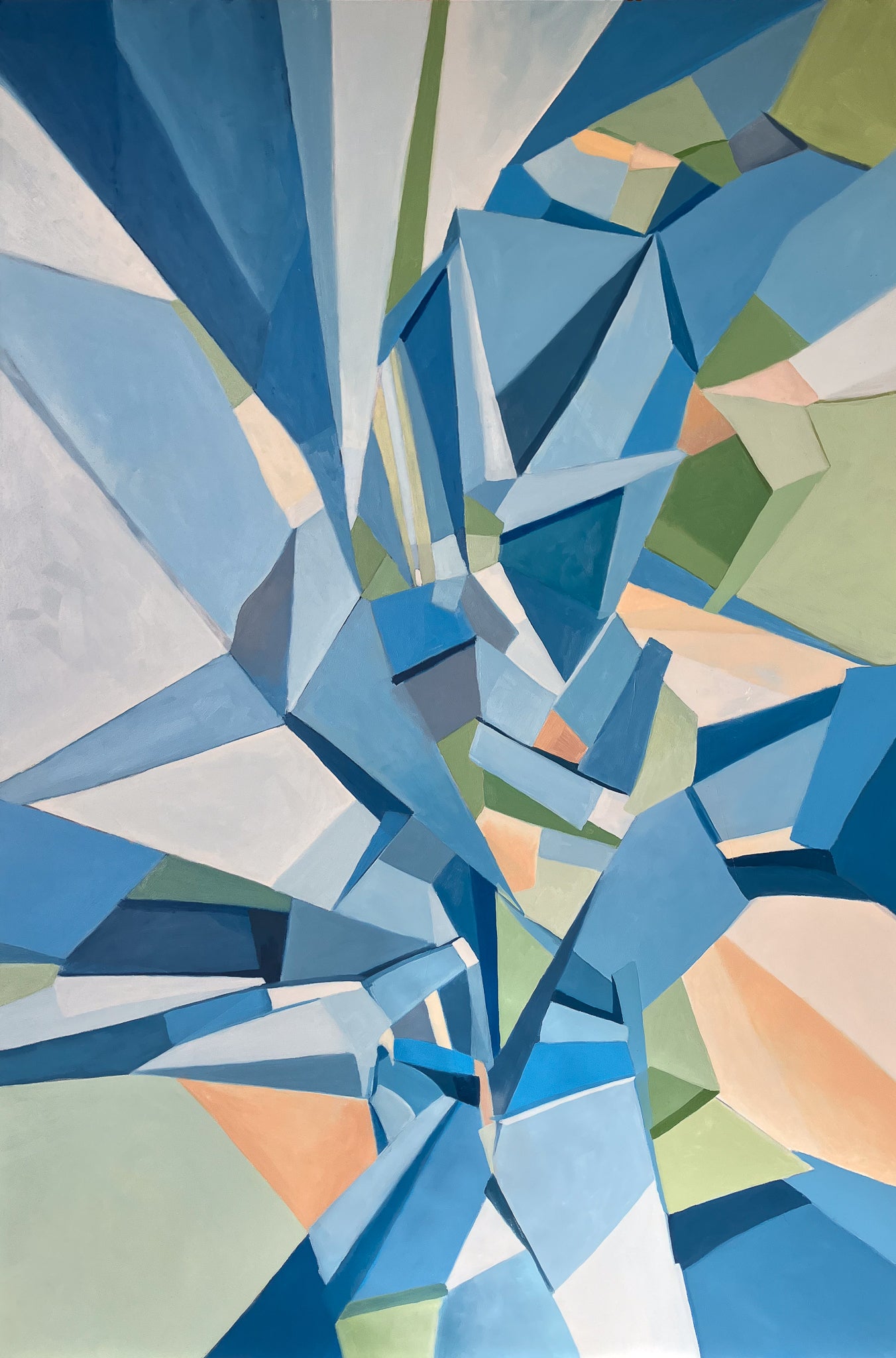 Original abstract painting by Gregory Stulting with a mix of blue, green, and orange colors on a white background.