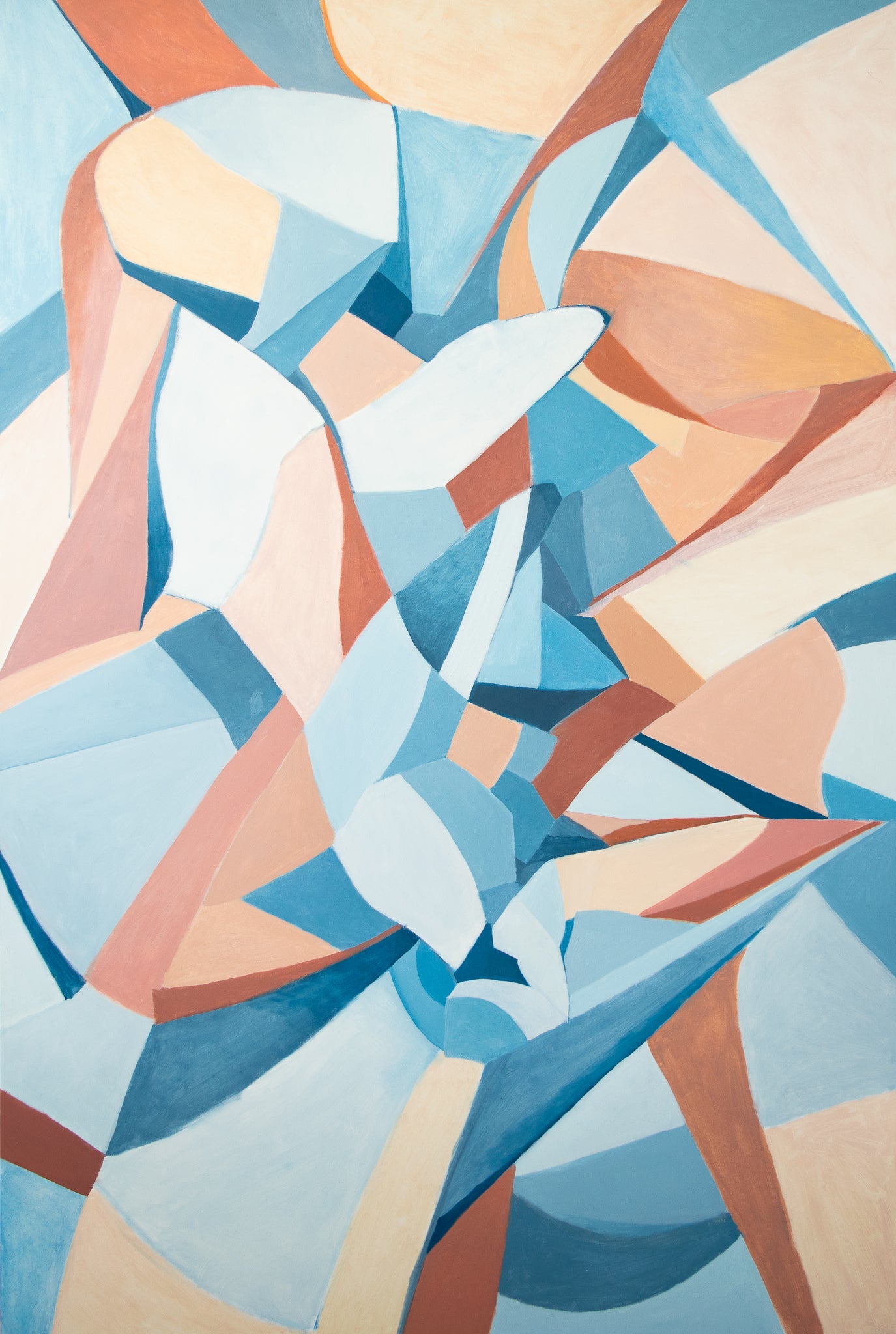 Abstract original painting by Gregory Stulting with geometric shapes in blue, beige, and brown.