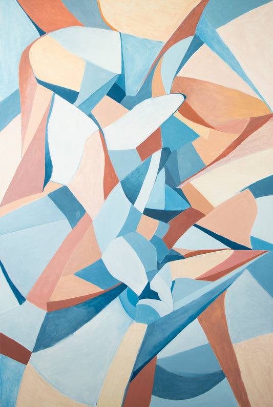 Abstract original painting by Gregory Stulting with geometric shapes in blue, beige, and brown.