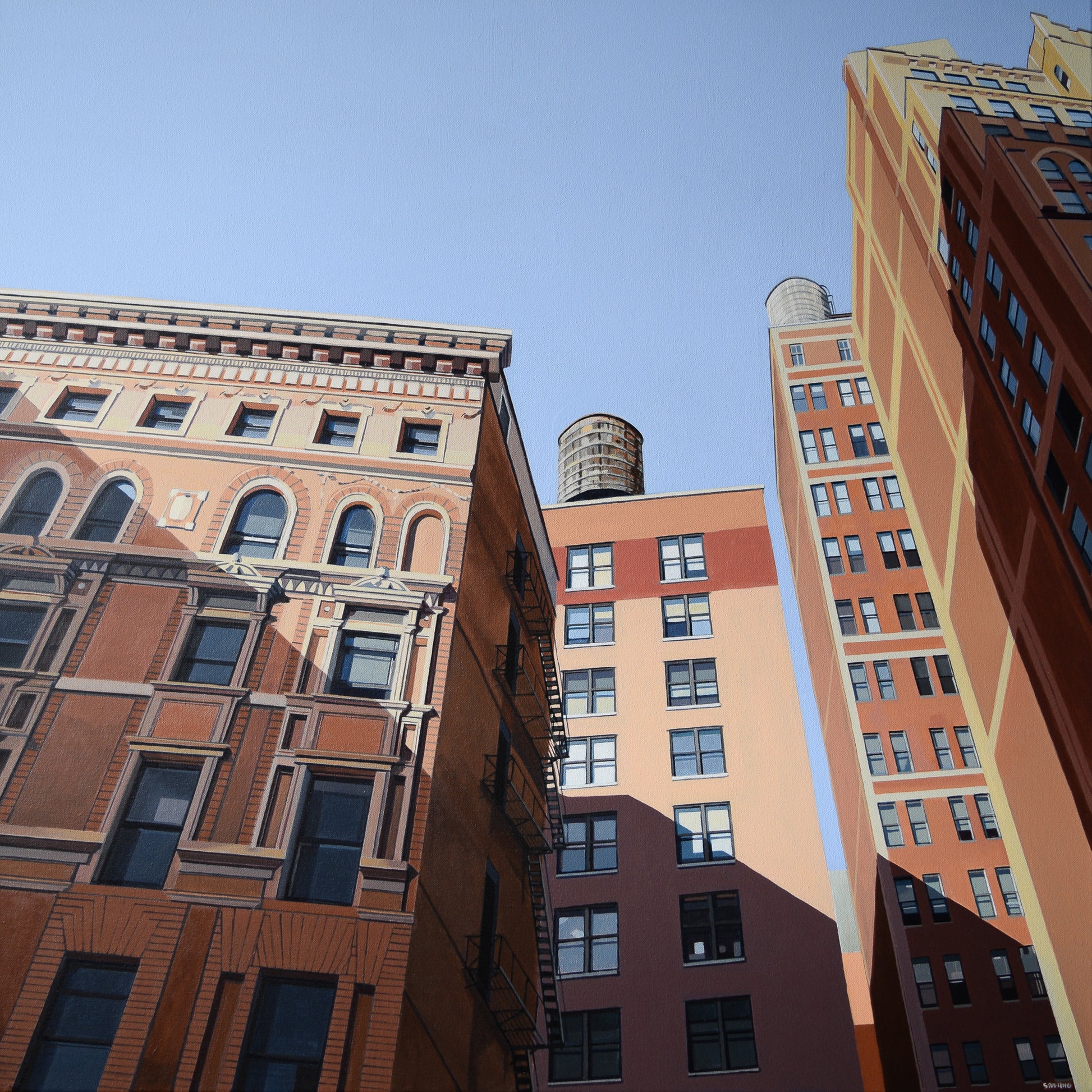Original painting by Gregory Stulting of a NYC brick buildings with a clear blue sky.