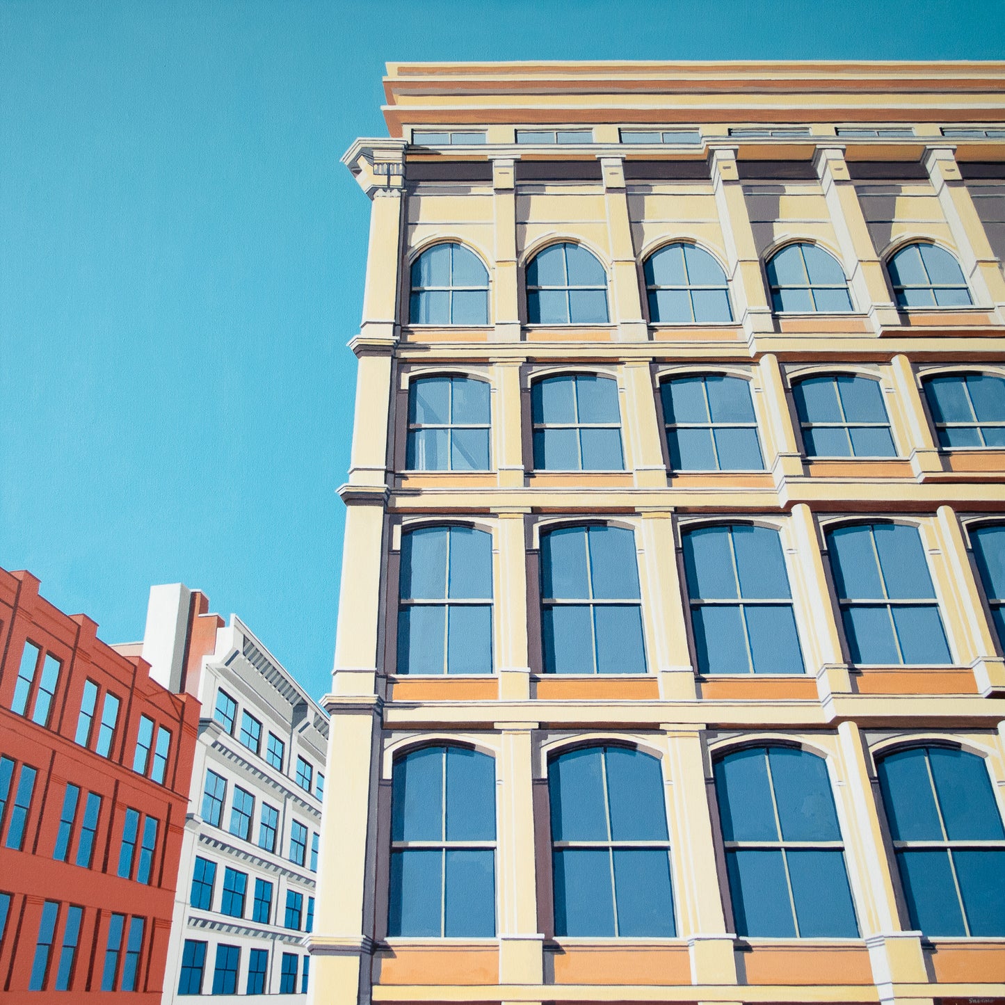 Original painting by Gregory Stulting of a NYC building with multiple windows against a clear blue sky.