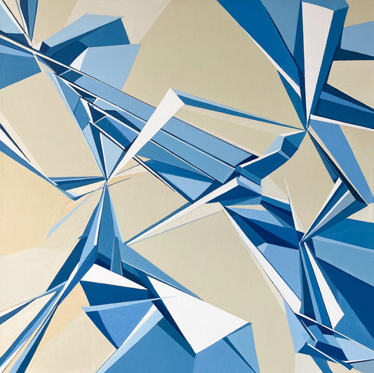 Original abstract painting by Gregory Stulting of a geometric design with blue and beige colors