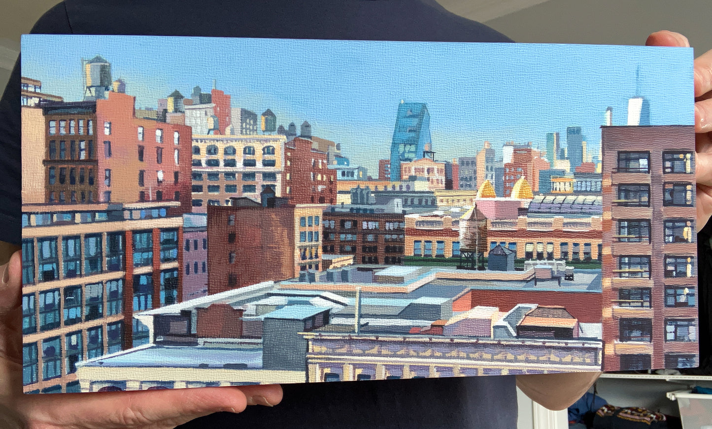 Original cityscape painting by Gregory Stulting of a NYC rooftop looking downtown