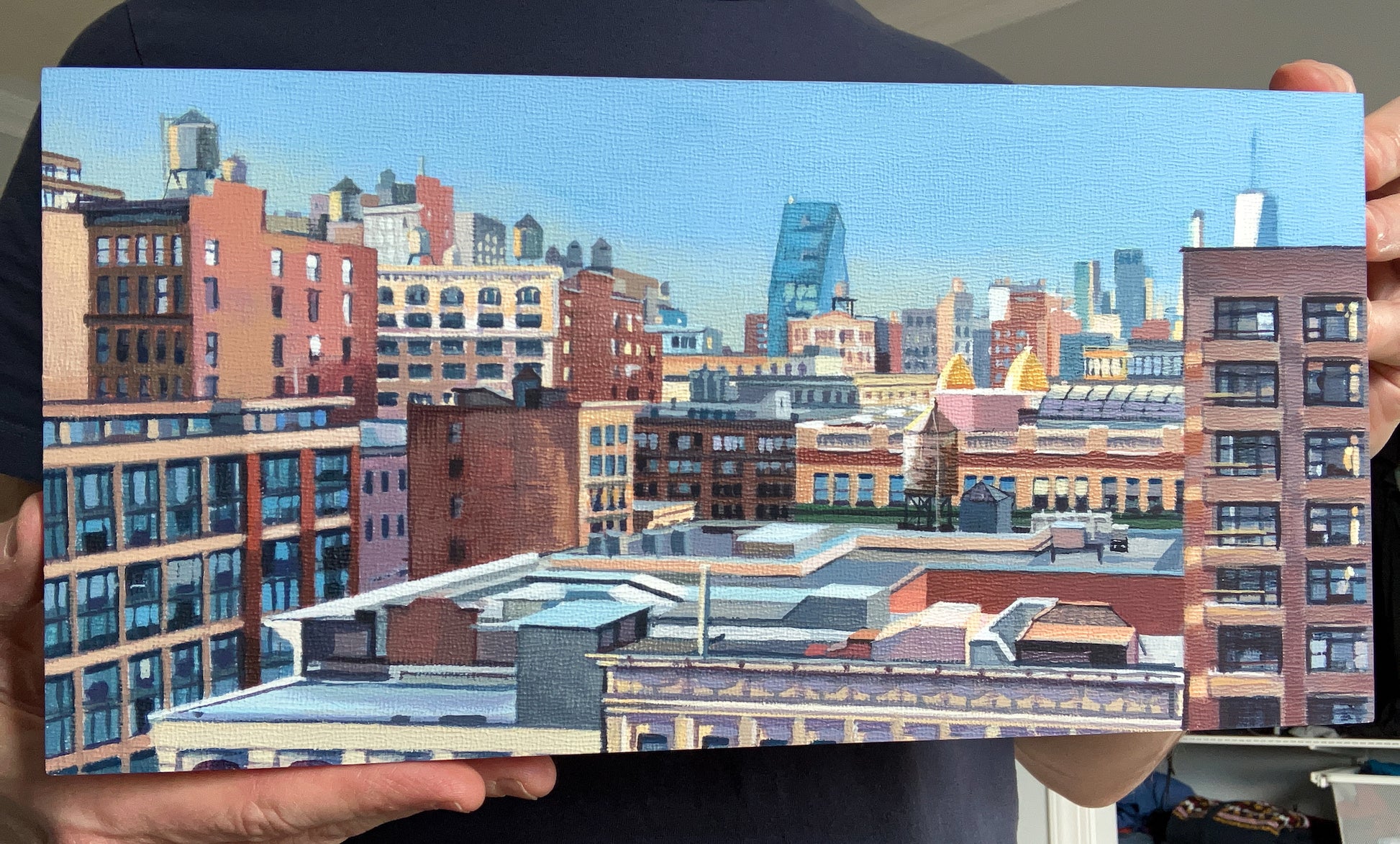 Original cityscape painting by Gregory Stulting of a NYC rooftop looking downtown