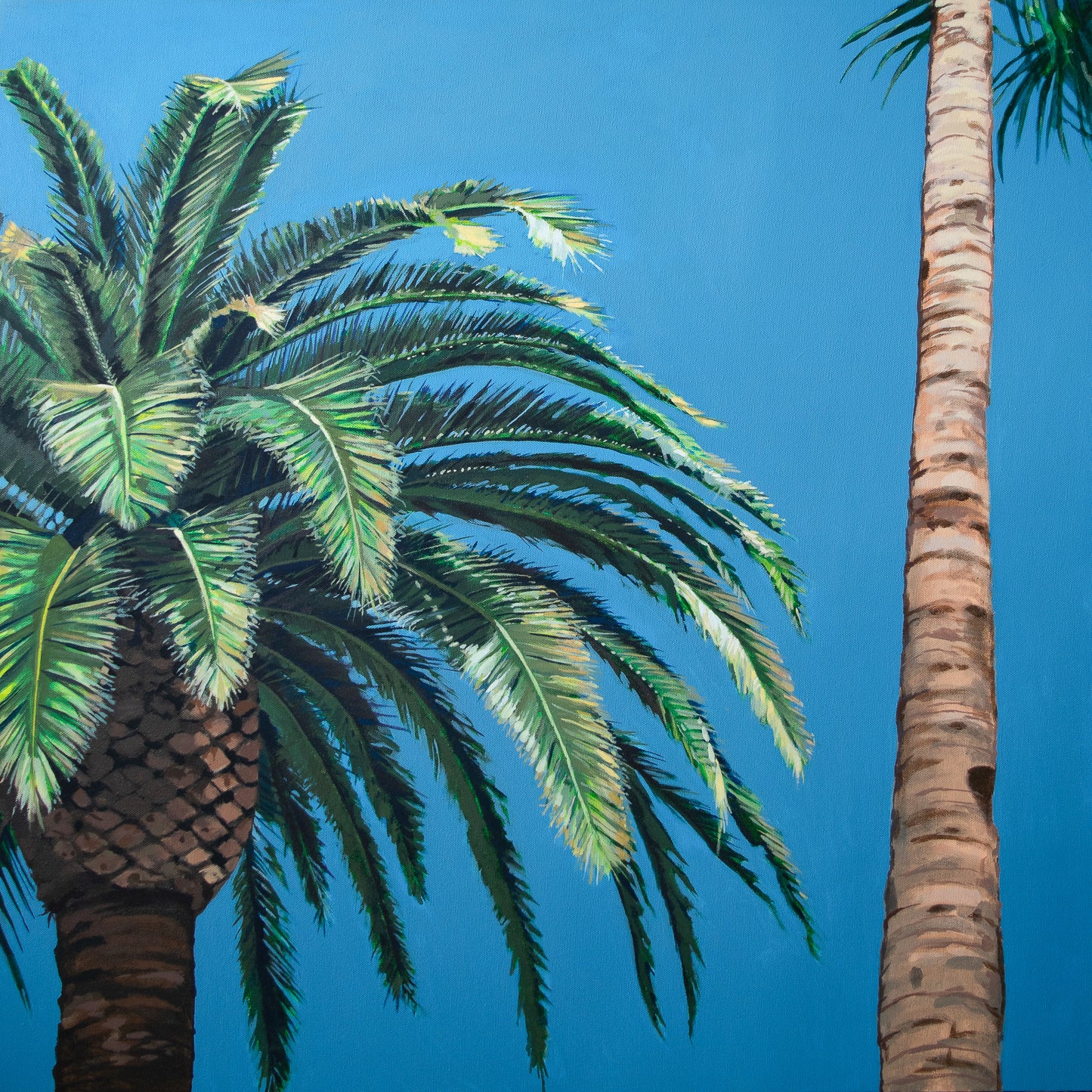 Original landscape painting by Gregory Stulting of palm trees against a clear blue sky