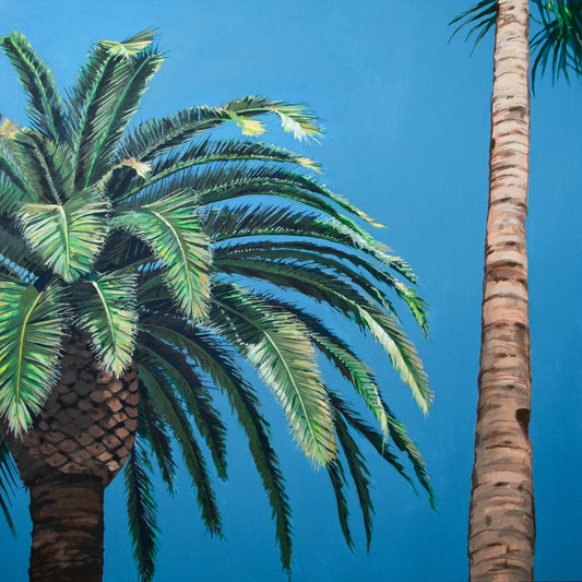Original landscape painting by Gregory Stulting of palm trees against a clear blue sky