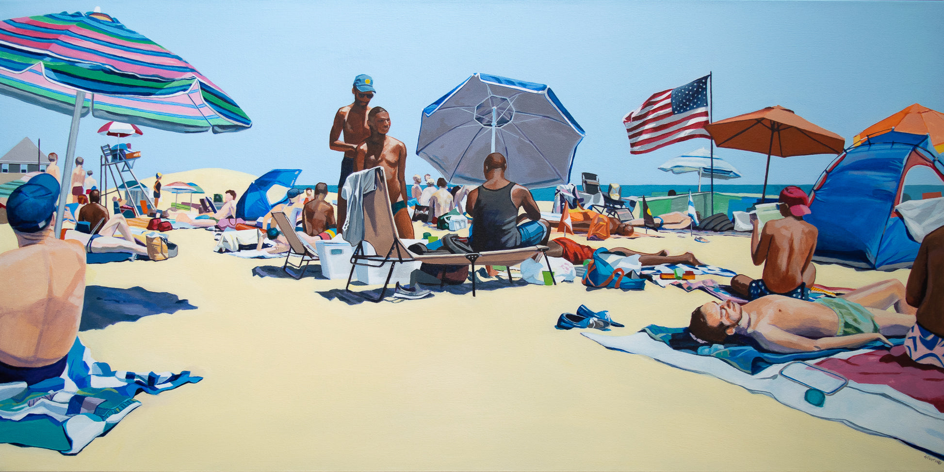 Original painting by Gregory Stulting of people enjoying a sunny day at Riis beach with umbrellas, towels, and an American flag.