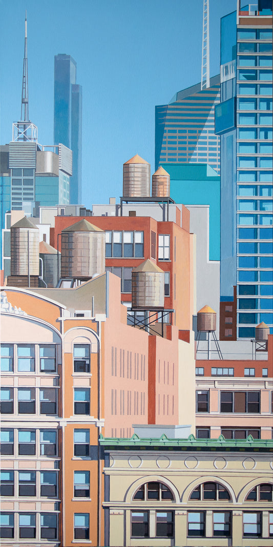 Original painting by Gregory Stulting of NYC with colorful buildings against a blue sky